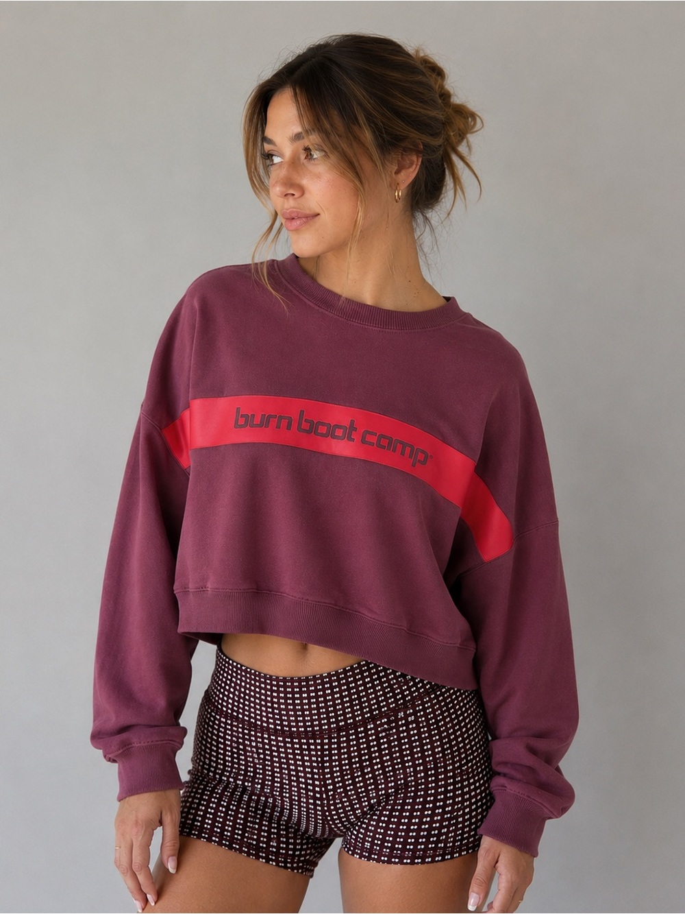 Burn Boot Camp Women's Maroon Cropped Crewneck Sweatshirt